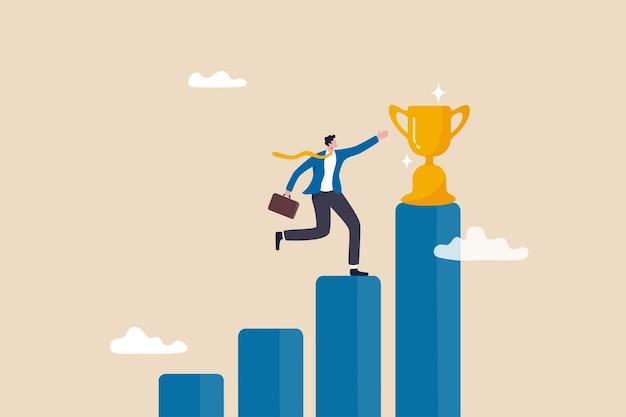 Logro del ganador del negocio o éxito del premio o desafío de la victoria o objetivo de la carrera de la misión empresarial o concepto de escalera al éxito profesional del hombre de negocios intensifica el gráfico de barras creciente para ganar el trofeo