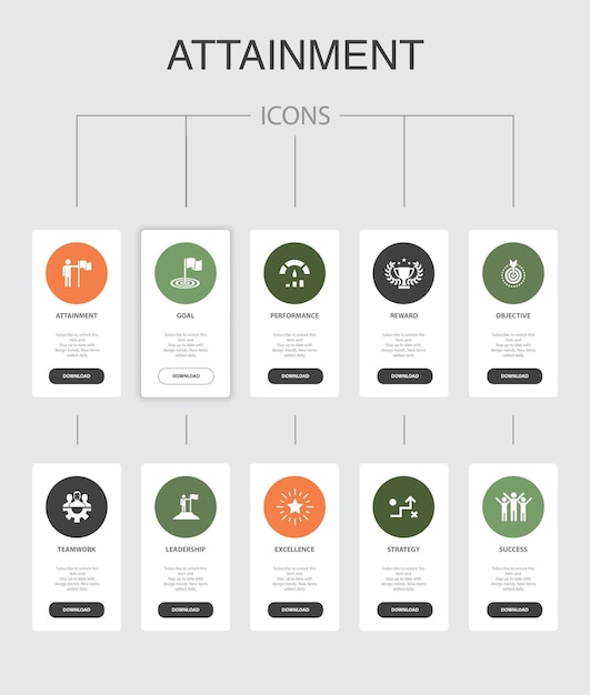 Logro Infografía 10 pasos UI design.goal, liderazgo, objetivo, trabajo en equipo iconos simples