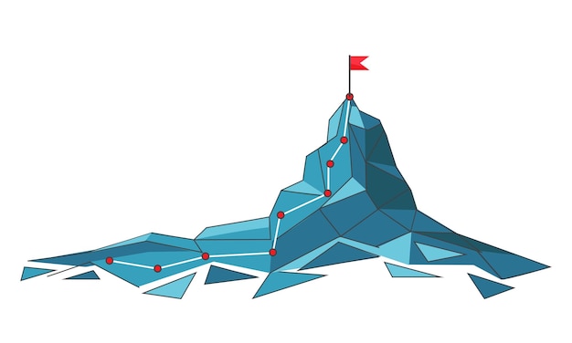 logro de la misión de negocios con bandera roja en la montaña fondo blanco objetivos de inversión para el éxito mapa de ruta campamento de montaña ilustración vectorial diseño plano