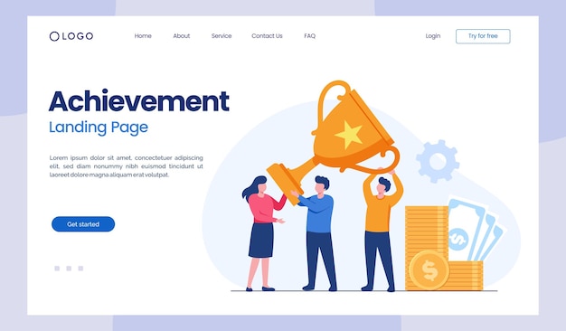 Logro de trabajo y recompensa exitosa negocio trabajo en equipo crecimiento beneficio plano vector ilustración banner página de destino