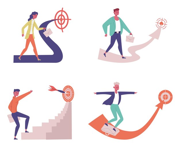 Logros de objetivos comerciales Trabajadores de oficina masculinos y femeninos que van a apuntar a los empleados a tener éxito en el trabajo