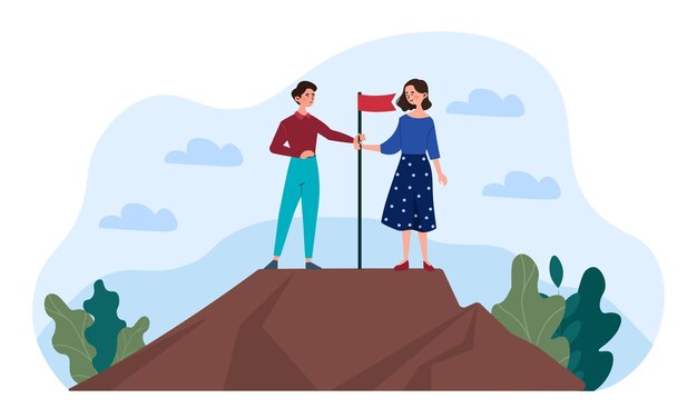 Logros profesionales hombre y mujer en la montaña sostienen la bandera crecimiento profesional y desarrollo empresarial