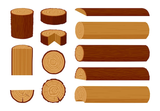 Logs de madera Tablas de madera apiladas de dibujos animados y troncos de árboles de leña Tablas de la industria de la madera Materiales de la madera Ramas de madera Ilustración vectorial plana Colección de productos de madera