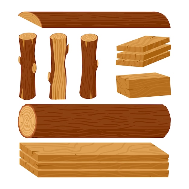 Logs de madera troncos de árboles de dibujos animados tablas materiales de la industria de la madera apilados tablas de carpintería y set de ilustraciones vectoriales de leña productos de madera