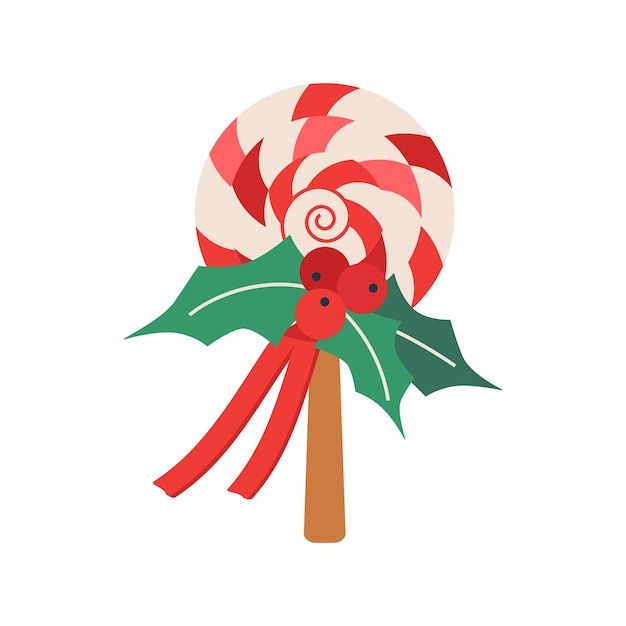 Lollipop de Navidad con bayas de cinta y hojas de muérdago Elemento de vacaciones de invierno