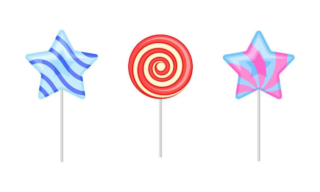 Lollipop retorcido y giratorio en palo como caramelo de azúcar para chupar o lamer conjunto vectorial
