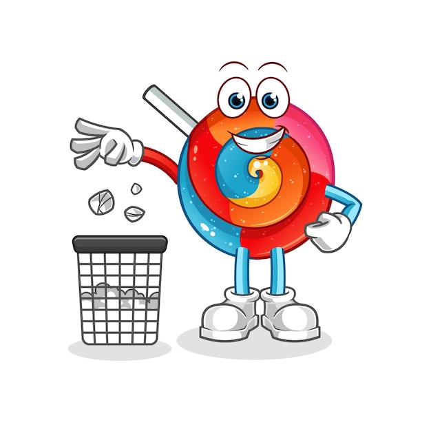 Lollipop tirar basura en la ilustración de la mascota del bote de basura