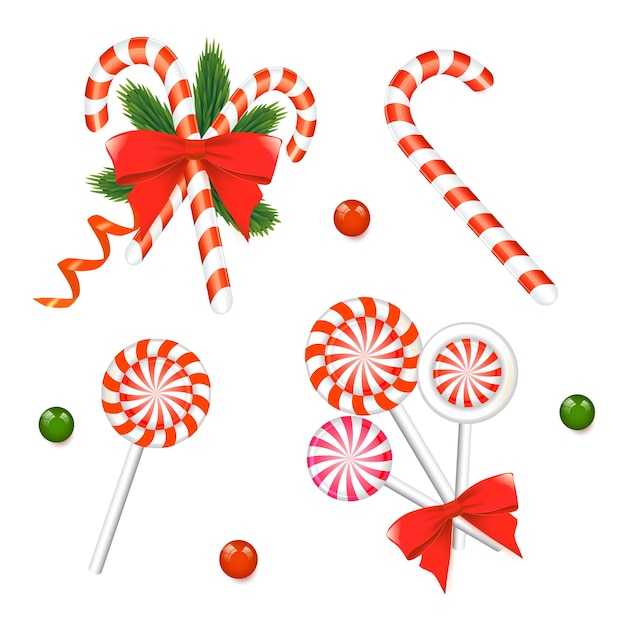 Lollypops de navidad establece dulces redondos rayados de año nuevo aislado sobre fondo blanco decoraciones vectoriales