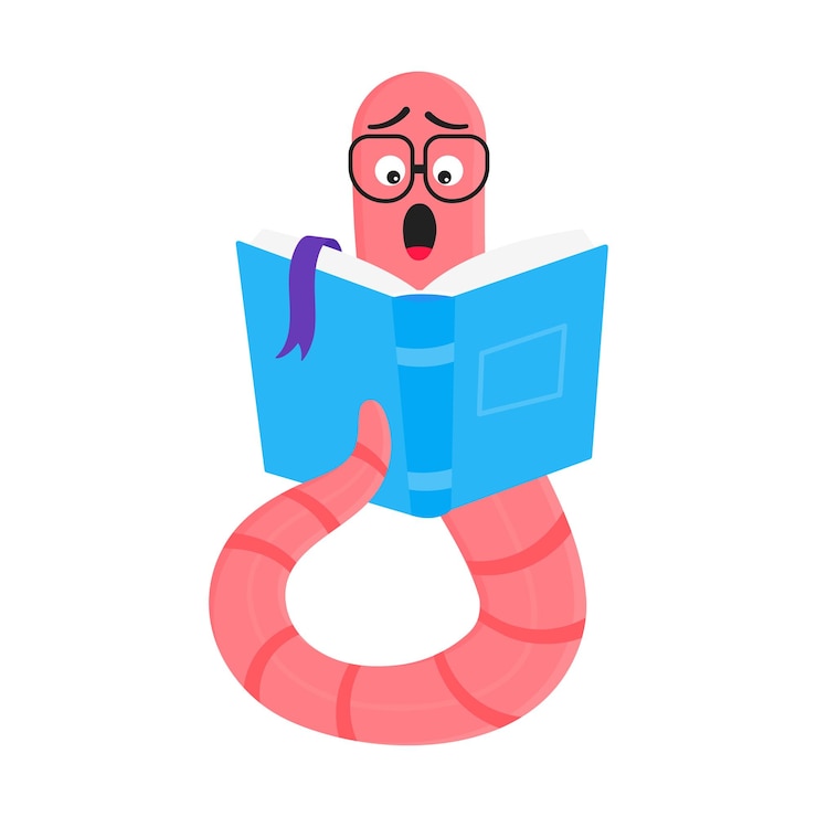 Vector lombriz de estilo de dibujos animados con ilustración de vector de libro y gafas aislado sobre fondo blanco