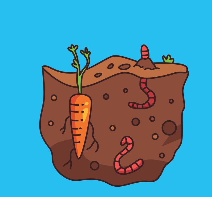 Vector lombriz de tierra con dibujos animados de vegetales