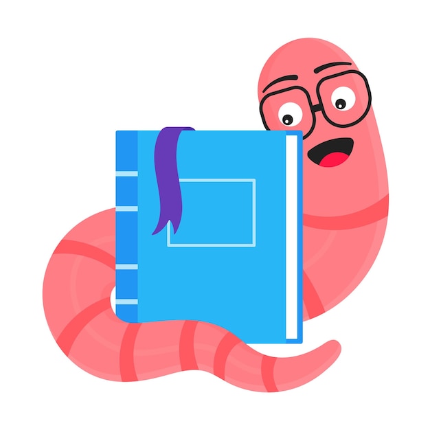 Lombriz de tierra de estilo de dibujos animados con libro y gafas ilustración vectorial