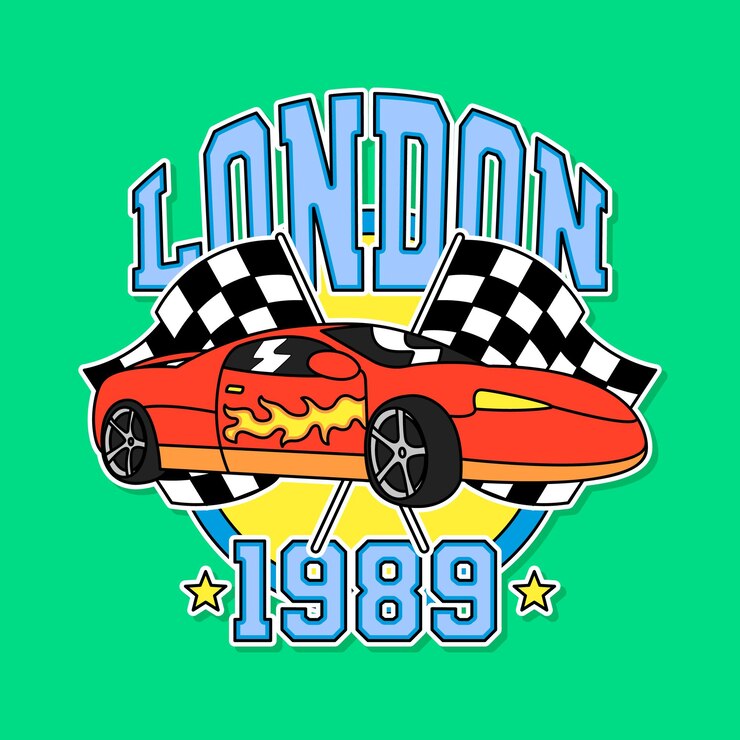 Vector londres 1989 texto con un coche de carreras rojo