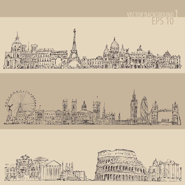 Londres, parís, roma, arquitectura de la gran ciudad, ilustración antigua grabada