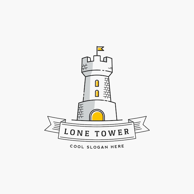 Lone Tower Resumen signo, icono, etiqueta o plantilla de logotipo en estilo de línea. Fortaleza con un estandarte de bandera y tipografía.