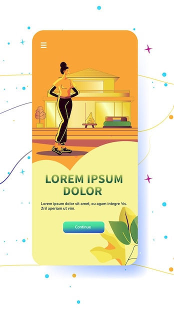 Longevidad estilo de vida de salud mujer haciendo ejercicio al aire libre casa moderna fondo colorido plantilla de pantalla de aplicación móvil