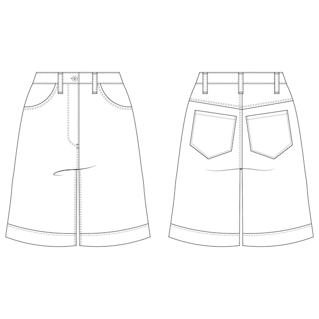 longitud de la rodilla aline denim jean plantilla corta dibujo técnico boceto plano cad maqueta mujer de moda