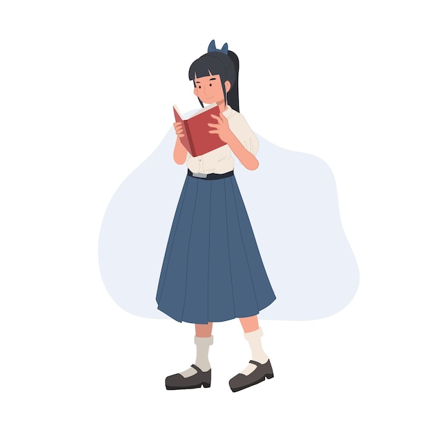 Vector la longitud total de la linda estudiante tailandesa se centra en leer libros de texto mientras camina leyendo el concepto de ilustración vectorial