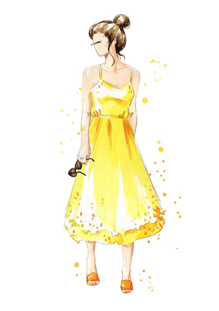 Look de verano, chica con vestido amarillo. ilustración de moda acuarela