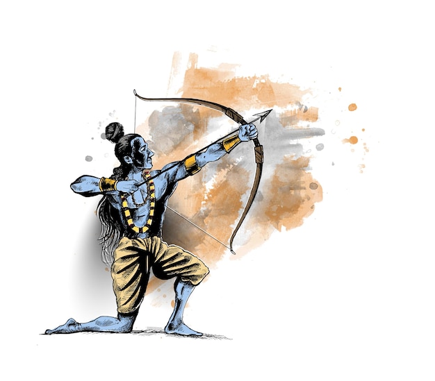 Lord Rama con una flecha matando a Ravana en el cartel del festival Navratri de la India con texto en hindi Dussehra