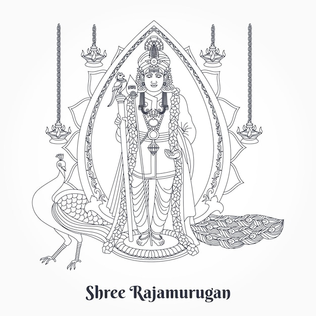 Lord shree murugan dios hindú y lineart de pavo real