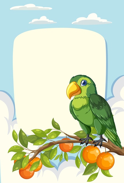 Vector un loro alegre en una rama de frutas