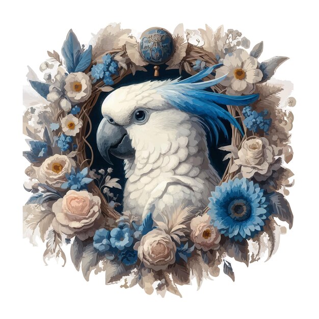 El loro blanco entre las plumas azules y la corona floral