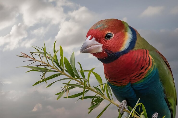 Vector un loro colorido está de pie en una rama con el cielo en el fondo