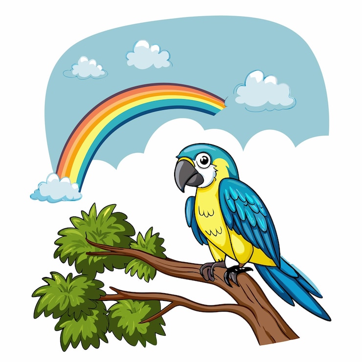 Vector el loro colorido en la rama con el arco iris