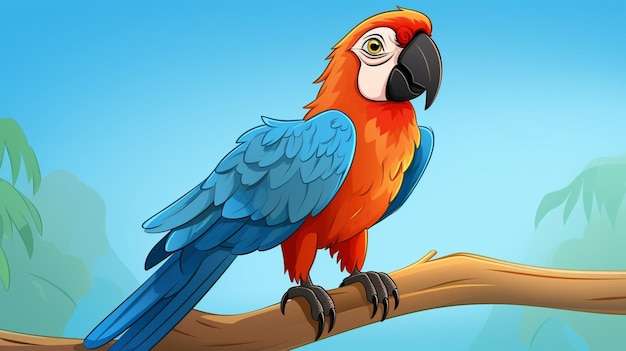 Vector un loro colorido en una rama con un fondo azul