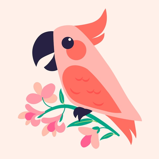 Vector loro de dibujos animados con rama de flor ilustración vectorial