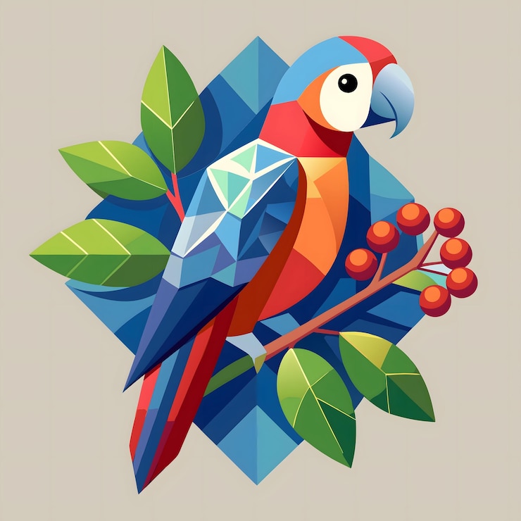 Vector el loro geométrico en la rama es un pájaro poli bajo, una ilustración de la naturaleza colorida.