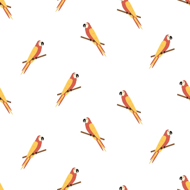 El loro guacamayo de dibujos animados lindo de patrones sin fisuras está sentado en una rama Papel tapiz de fondo para imprimir en empaques de ropa