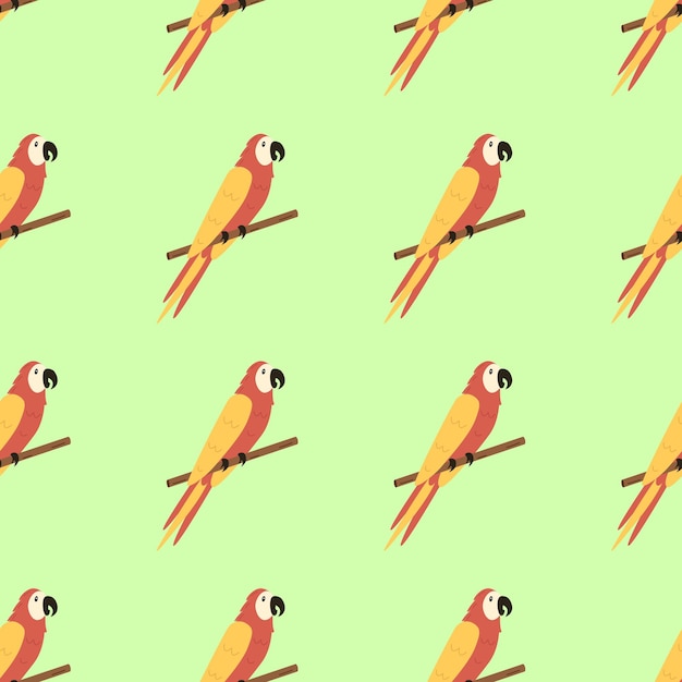 El loro guacamayo de dibujos animados lindo de patrones sin fisuras está sentado en una rama Papel tapiz de fondo para imprimir en empaques de ropa