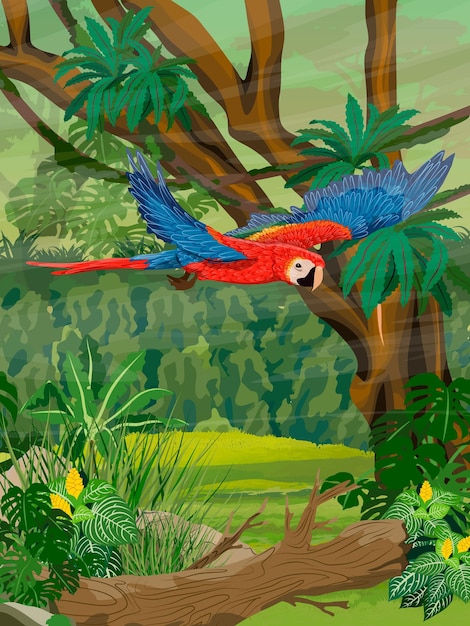 Un loro guacamayo vuela sobre la selva de América del Sur y África Paisaje vectorial vertical realista