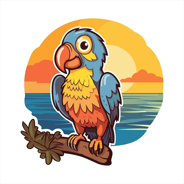 Loro lindo dibujos animados divertidos Kawaii acuarela playa verano puesta de sol animal adhesivo para mascotas ilustración