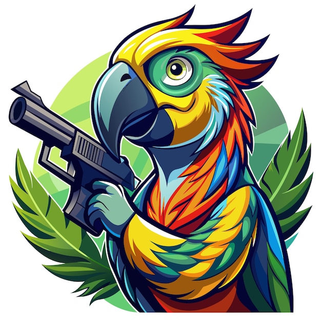 un loro vibrante sosteniendo un arma elegante capturando la yuxtaposición de la naturaleza y las armas
