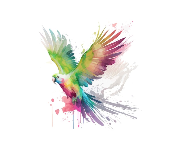 Loro volador blanco con alas de arco iris acuarela Diseño de ilustración vectorial