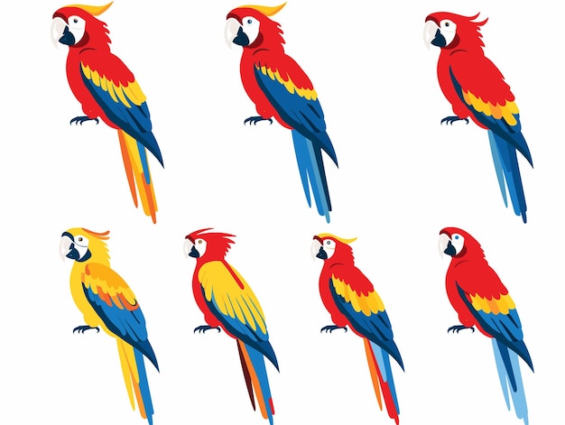 Vector los loros coloridos se alzan con plumas rojas, amarillas y azules, aves exóticas en múltiples poses, brillantes.