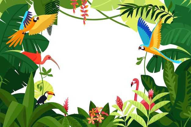 Vector loros de composición de color blanco de la selva volando en la selva en la ilustración de vector de fondo blanco