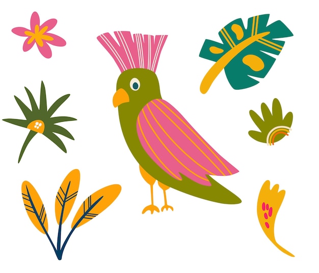 Loros y hojas tropicales Aves exóticas Animal de divertidos dibujos animados con hojas y flores