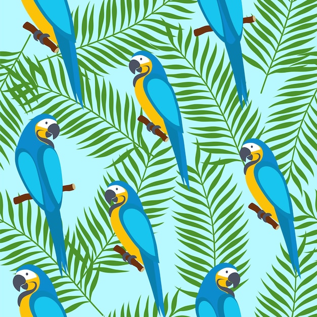 Loros y hojas tropicales. Patrón sin fisuras.