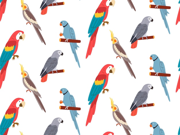 loros patrón exótico sin costura fondo tropical sin fin aves de la selva diseño de impresión repetitivo ilustración vectorial plana de color para papel pintado textil