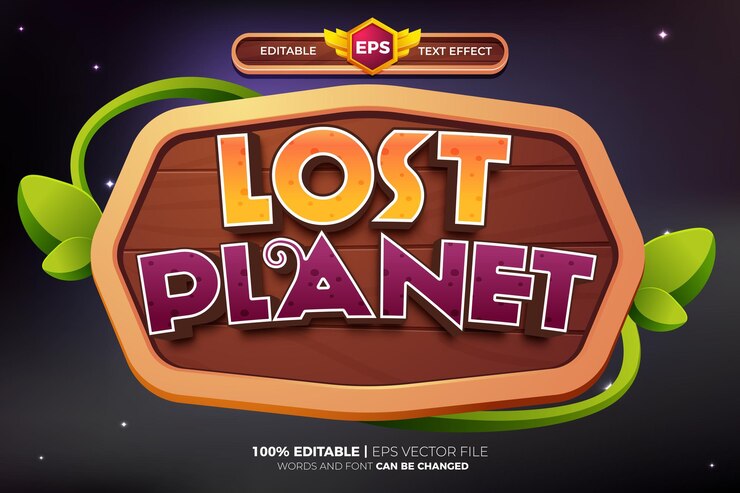 Vector lost planet dibujos animados juego aventura título 3d editable texto efecto estilo