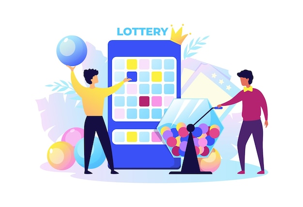 Vector lotería los hombres giran la caja y salen ganando bolas gente rifando premios casino o programa de televisión promo y apuestas suerte y premio mayor vector juega con regalos y concepto de dinero