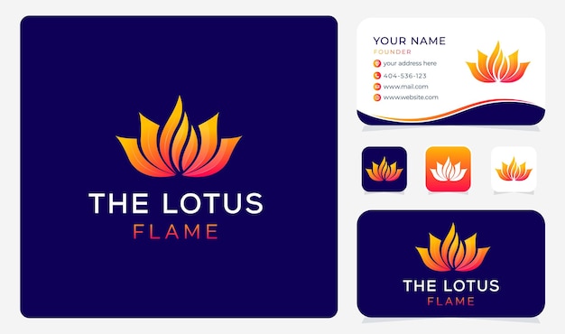 Lotus y llama fuego logo vector diseño y plantilla de tarjeta de visita