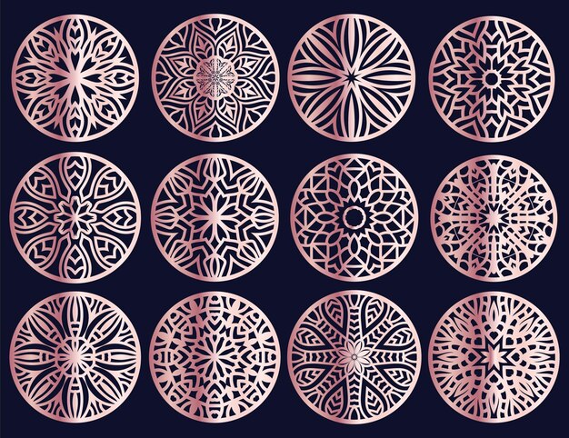 Lotus Mandala Vector Template Set para cortar e imprimir adorno de silueta oriental