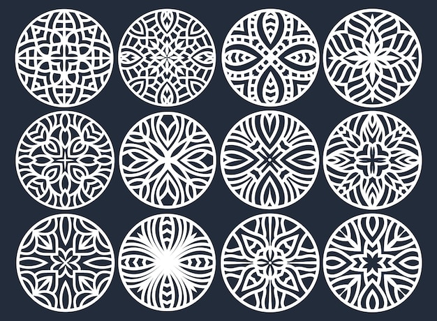 Lotus Mandala Vector Template Set para corte e impresión. Adorno de silueta oriental