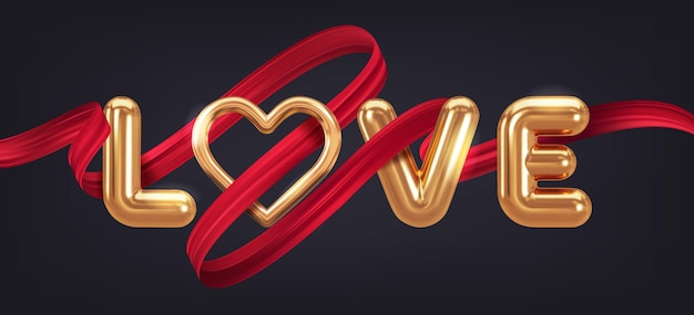 Vector love 3d letters con corazón dorado y elegante cinta roja ilustración vectorial