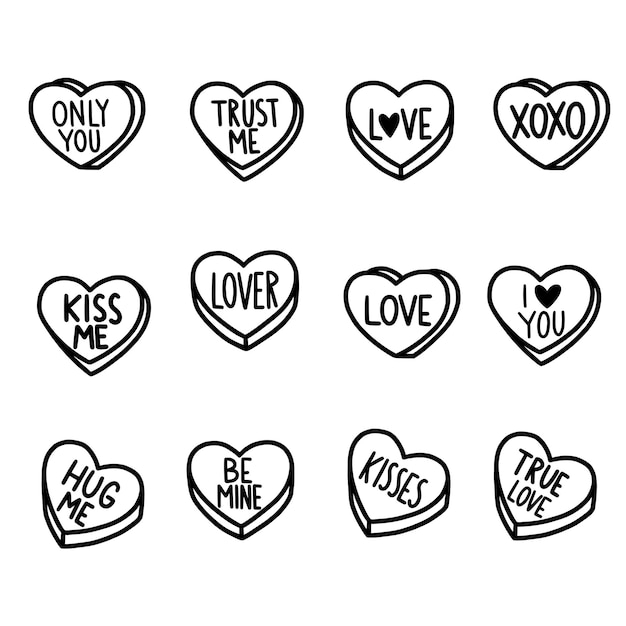 Love candy hearts conversation hearts ilustración dibujada a mano para el día de san valentín línea de dibujo