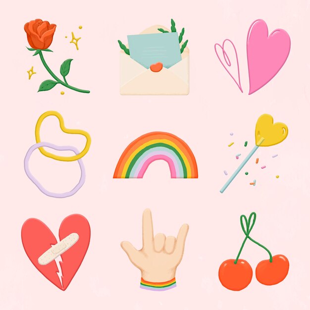 Love element collection emoji stickers hand drawn vector